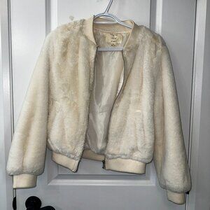 IRIS White Faux Fur Fuzzy Bomber Jacket